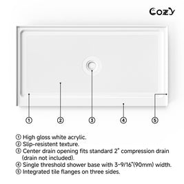 Top-view feature diagram of the Cozy SP-C-WH90-6032 shower base with center drain, slip-resistant floor, threshold, and tile flanges.