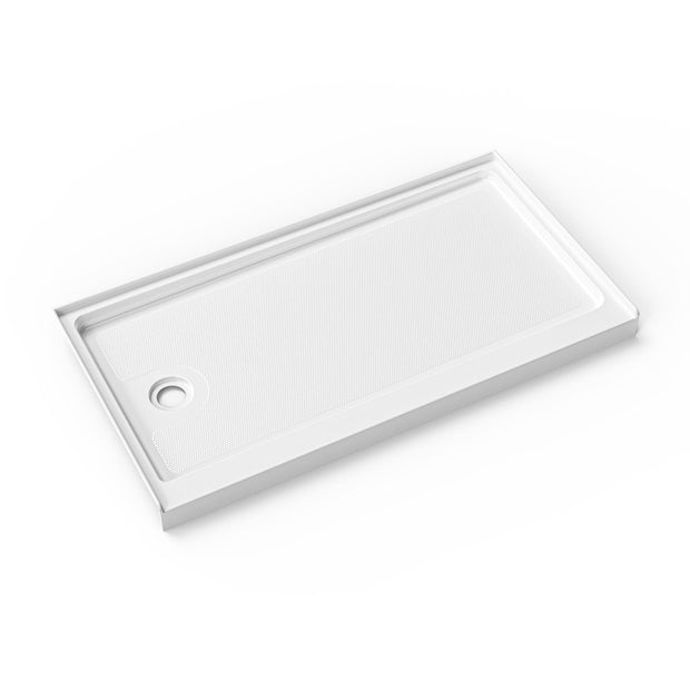Cozy SP-L-WH90-6032 white acrylic left-drain shower base shown in an angled perspective view.