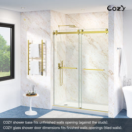 Cozy SP-L-WH90-6032 white left-drain shower base installed with a glass shower enclosure in a finished bathroom.