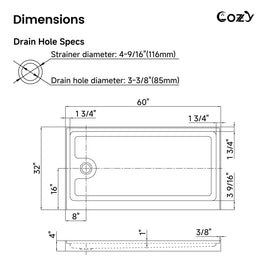 Dimension diagram for the Cozy SP-L-WH90-6032 60 x 32 inch shower base with left-side drain opening specifications.