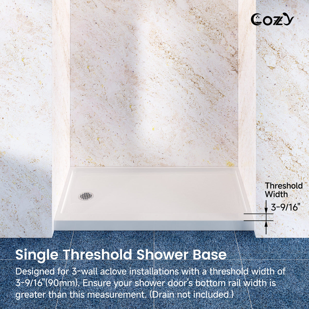 Cozy SP-L-WH90-6032 single-threshold shower base showing the left-side drain and 3-9/16 inch threshold width.