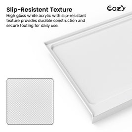 Close-up of the slip-resistant textured floor on the Cozy SP-L-WH90-6032 white acrylic shower base.