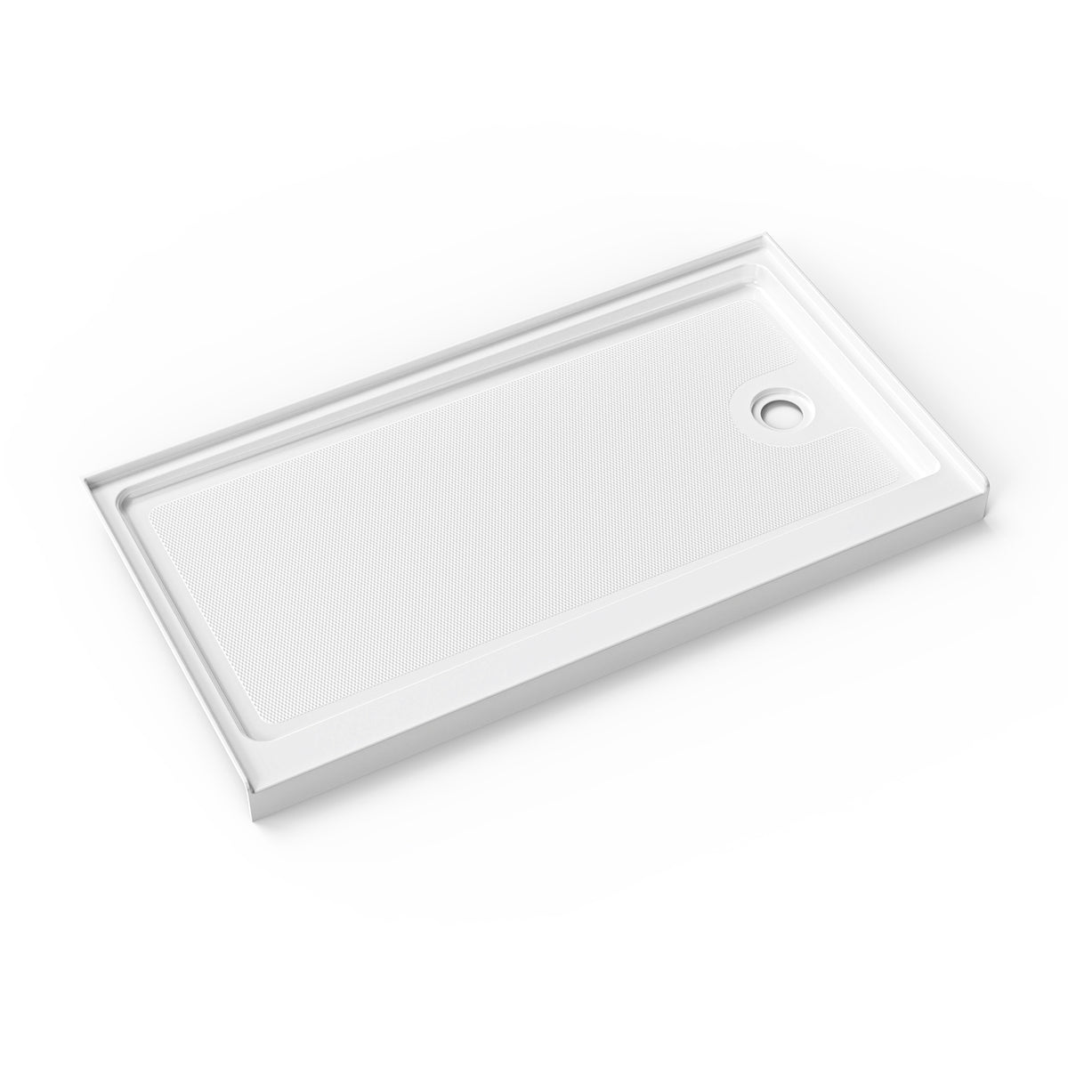 Cozy SP-R-WH90-6032 white acrylic right-drain shower base shown in an angled perspective view.
