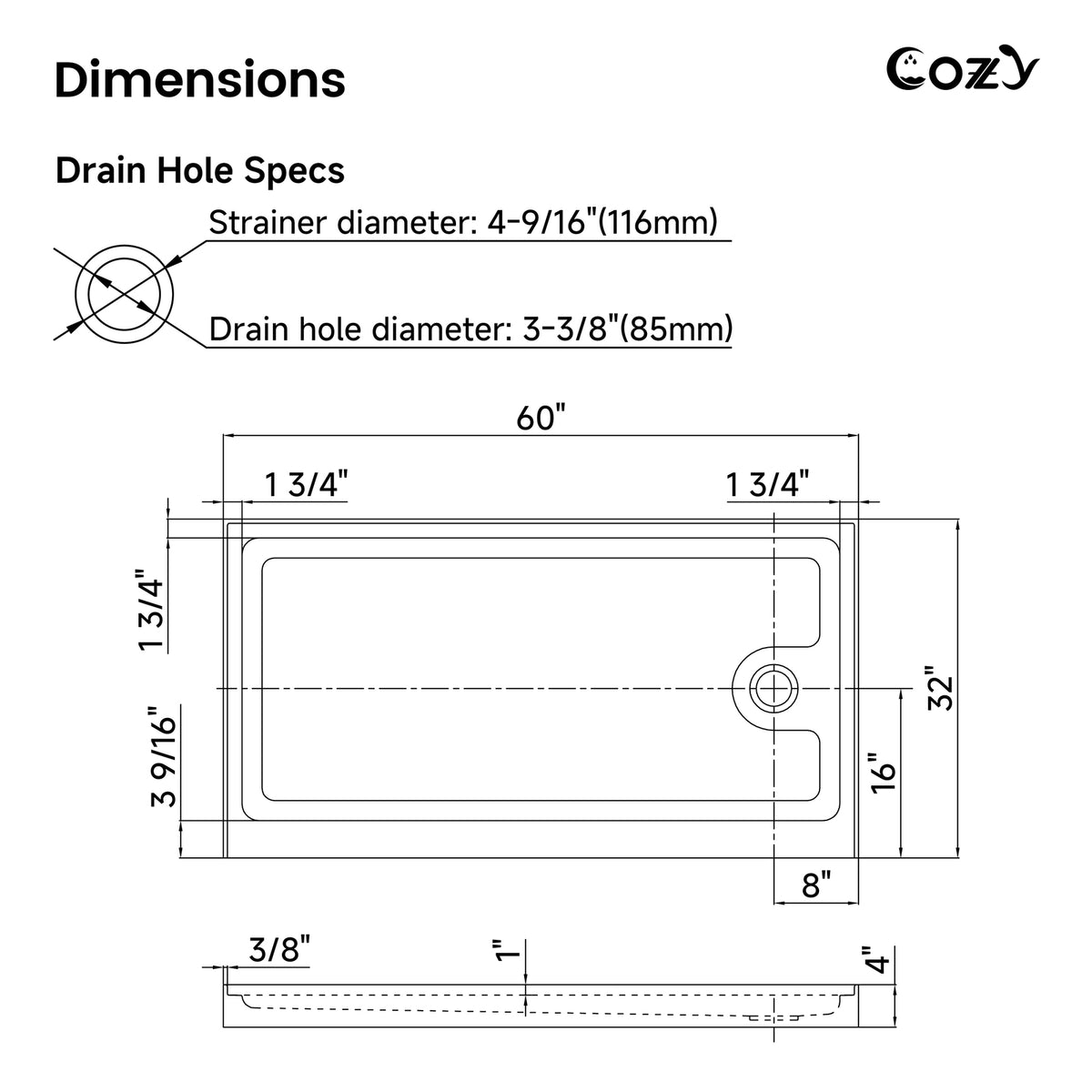 Dimension diagram for the Cozy SP-R-WH90-6032 60 x 32 inch shower base with right-side drain opening specifications.