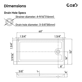 Dimension diagram for the Cozy SP-R-WH90-6032 60 x 32 inch shower base with right-side drain opening specifications.