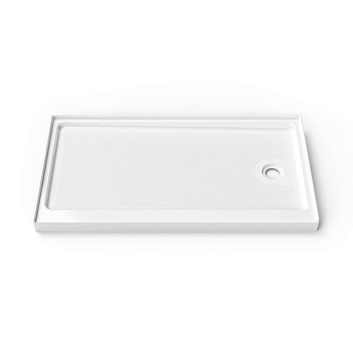 Cozy SP-R-WH90-6032 white acrylic 60 x 32 inch shower base with a right-side drain, shown from the front.