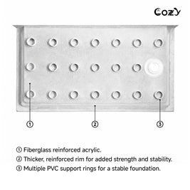 Underside of the Cozy SP-R-WH90-6032 shower base showing fiberglass reinforcement and multiple PVC support rings.