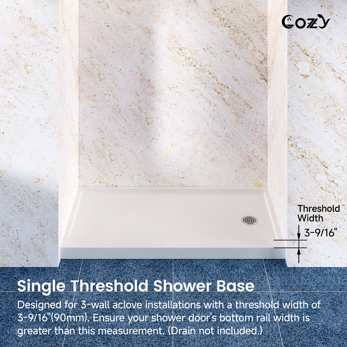 Cozy SP-R-WH90-6032 single-threshold shower base showing the right-side drain and 3-9/16 inch threshold width.