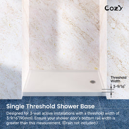 Cozy SP-R-WH90-6032 single-threshold shower base showing the right-side drain and 3-9/16 inch threshold width.