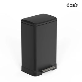 Cozy TC01-14 black 14.5-gallon stainless steel pedal trash can shown from an angled view.