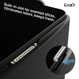 Cozy TC01-14 black pedal trash can showing the built-in scented-stick slot for odor control.