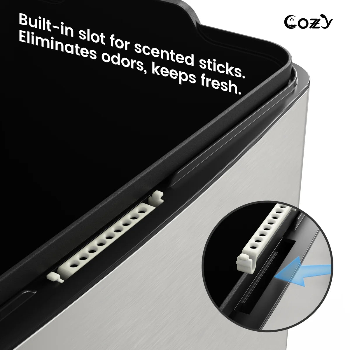 Cozy TC01-14 brushed stainless pedal trash can showing the built-in scented-stick slot for odor control.