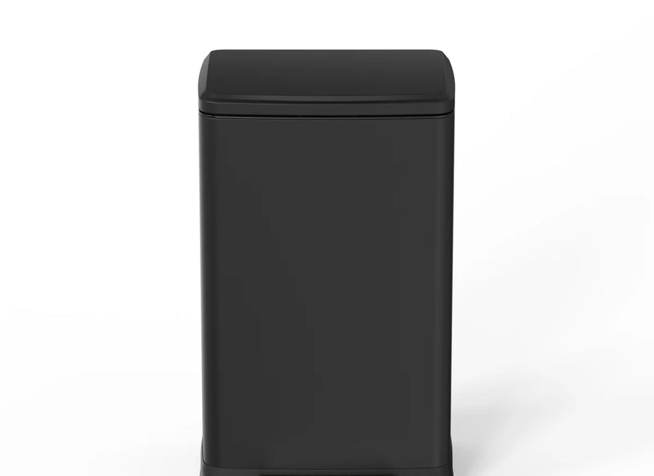 Cozy TC01-17 black 17.2-gallon stainless steel pedal trash can shown from the front.