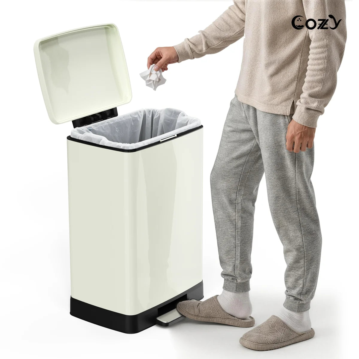 Cozy TC01-17 white pedal trash can shown open during hands-free foot-pedal use.