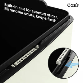 Cozy TC01-17 white pedal trash can showing the built-in scented-stick slot for odor control.