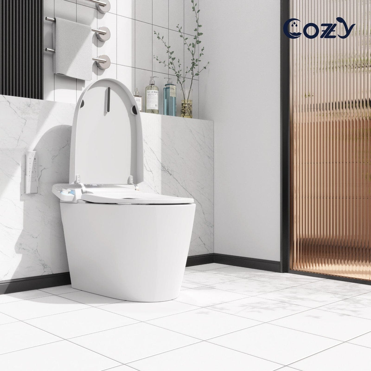 Smart toilet with open lid in a modern bathroom