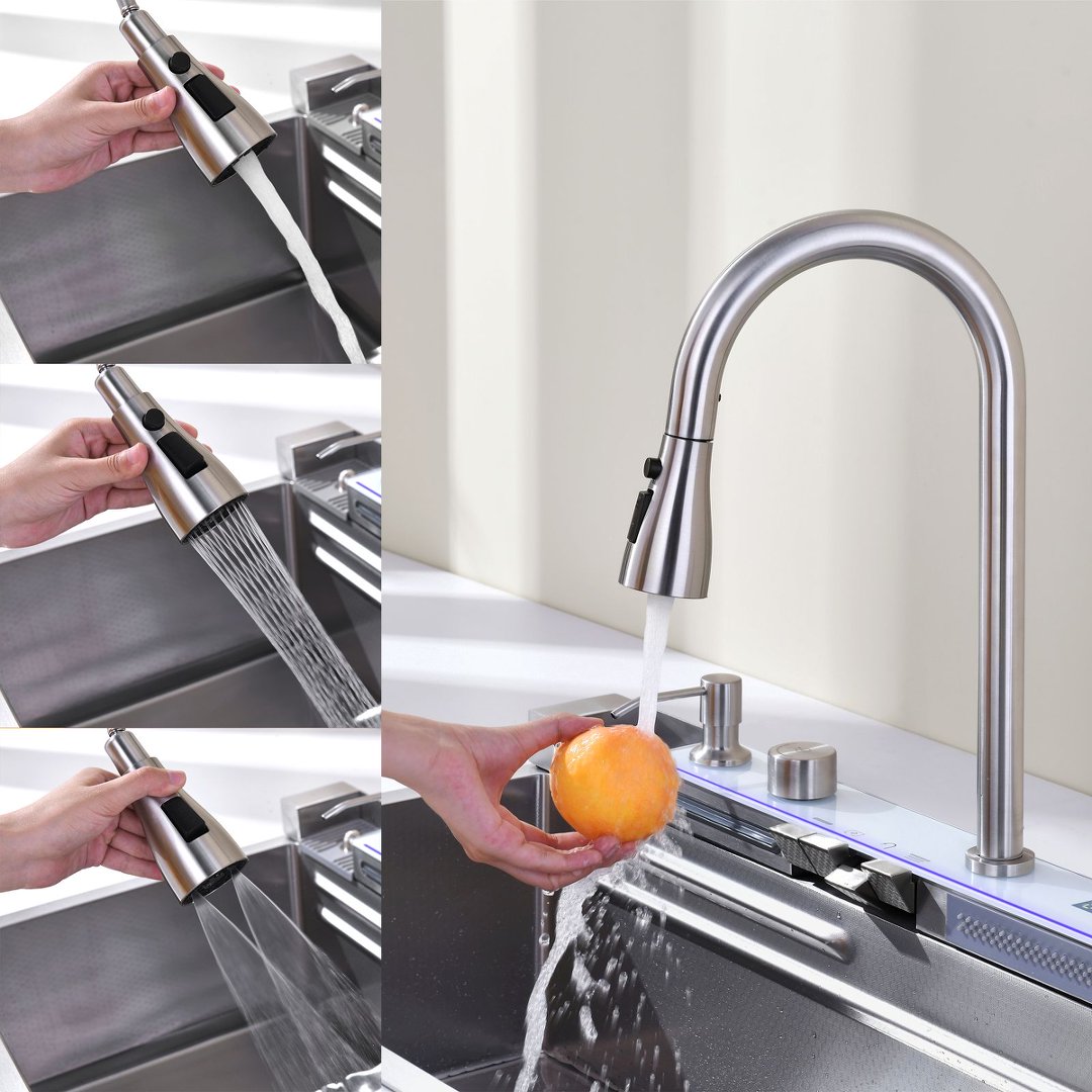 30″×18″ Stainless Steel Single Bowl Kitchen Sink, Brushed Waterfall Workstation with Flying-Rain Faucet, Sprayhead, Cup Washer, 1 Pack, SS-BR06-301808