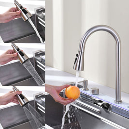 30″×18″ Stainless Steel Single Bowl Kitchen Sink, Brushed Waterfall Workstation with Flying-Rain Faucet, Sprayhead, Cup Washer, 1 Pack, SS-BR06-301808