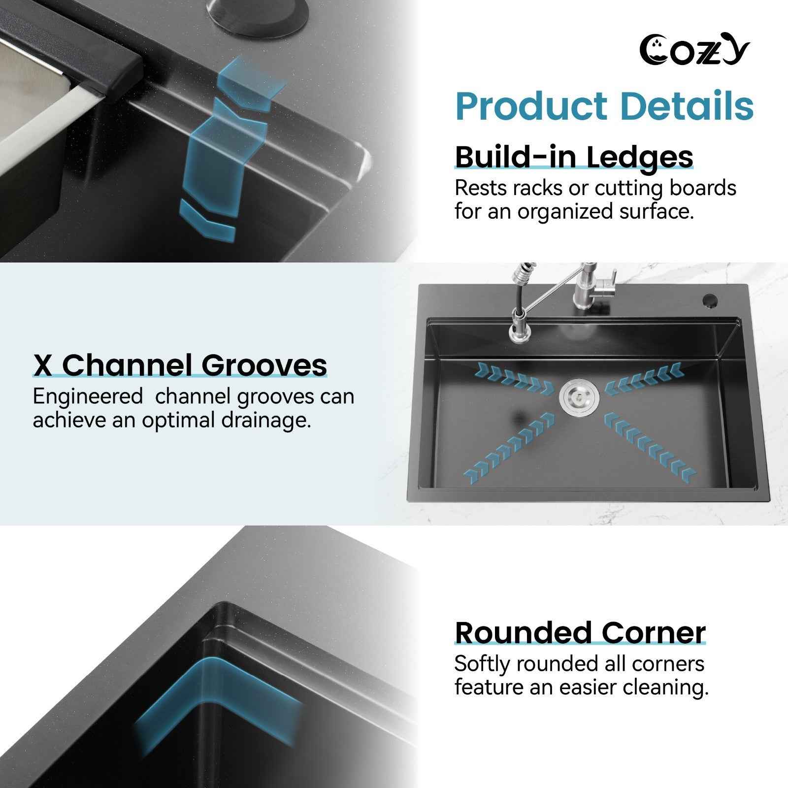 Cozy n Bath 33x22 inch overmount kitchen sink with accessors and drain,SS-BL01D-332208-2-WG