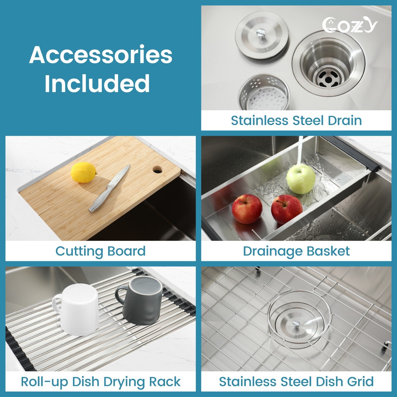 Cozy undermount stainless steel Brush Nickel sink 36x19x10 inch with accessory