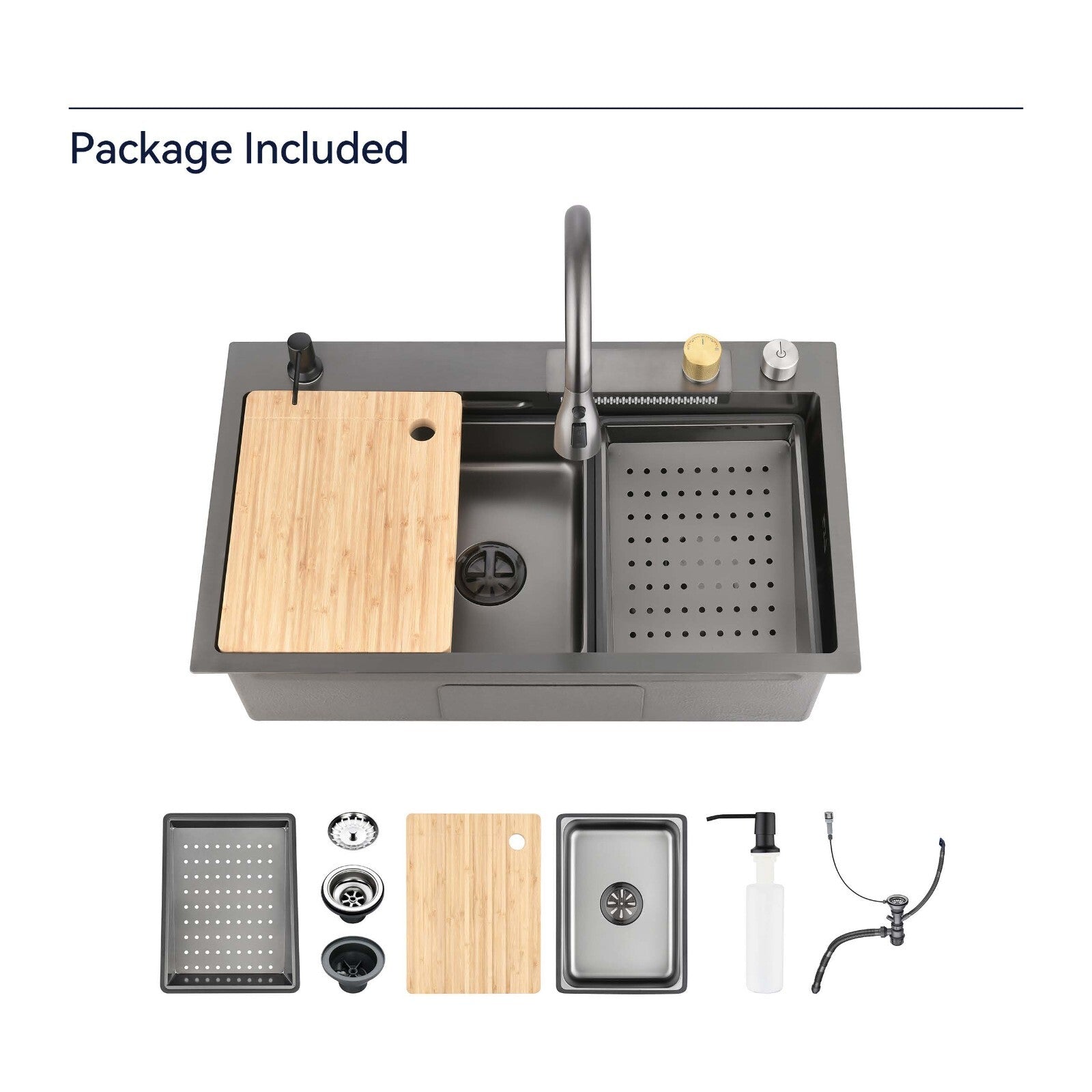 Multifunctional Overmount Sink with Pull-down&Waterfall Faucet&Cutting Board