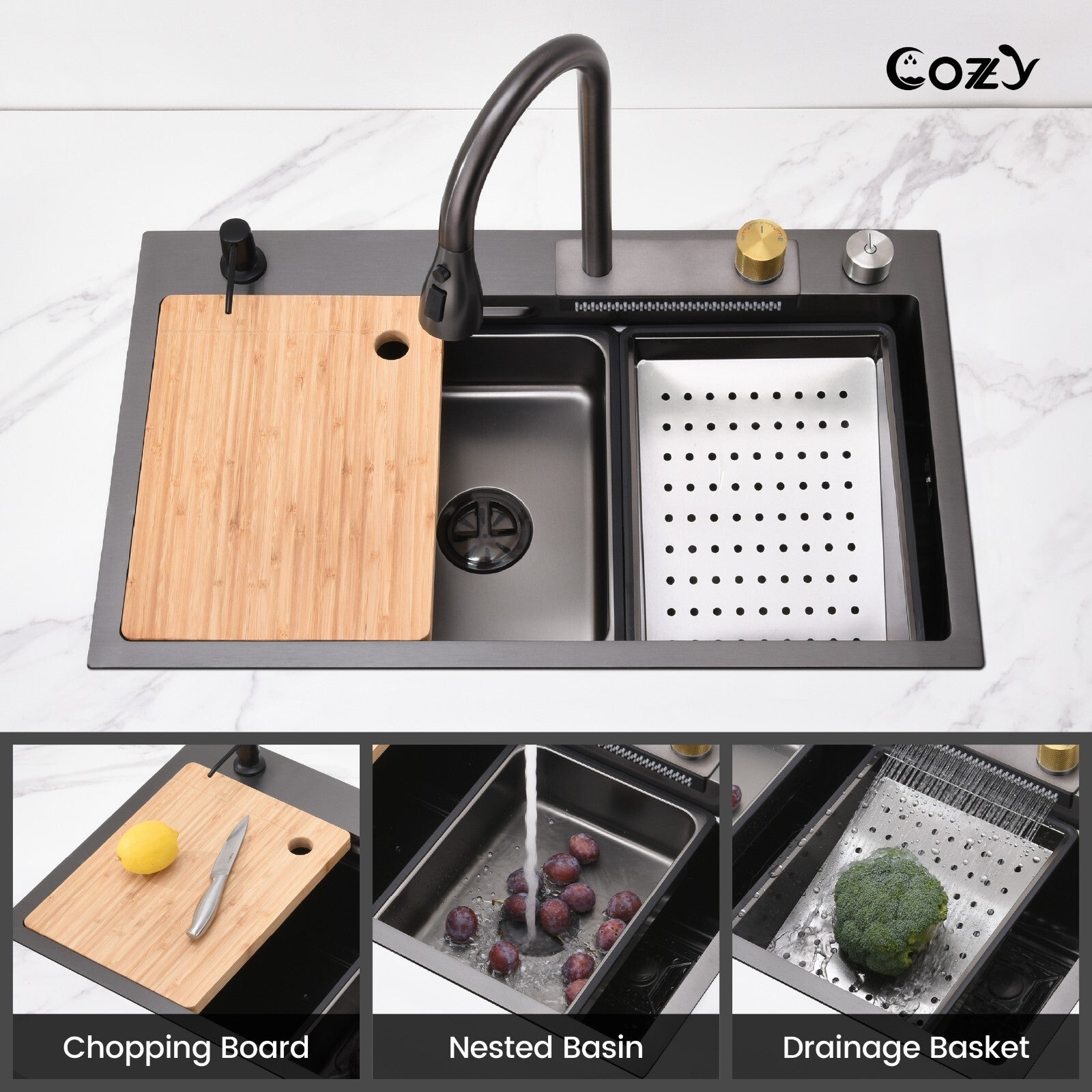 Multifunctional Overmount Sink with Pull-down&Waterfall Faucet&Cutting Board