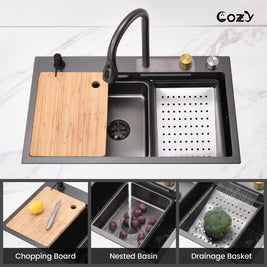 Multifunctional Overmount Sink with Pull-down&Waterfall Faucet&Cutting Board