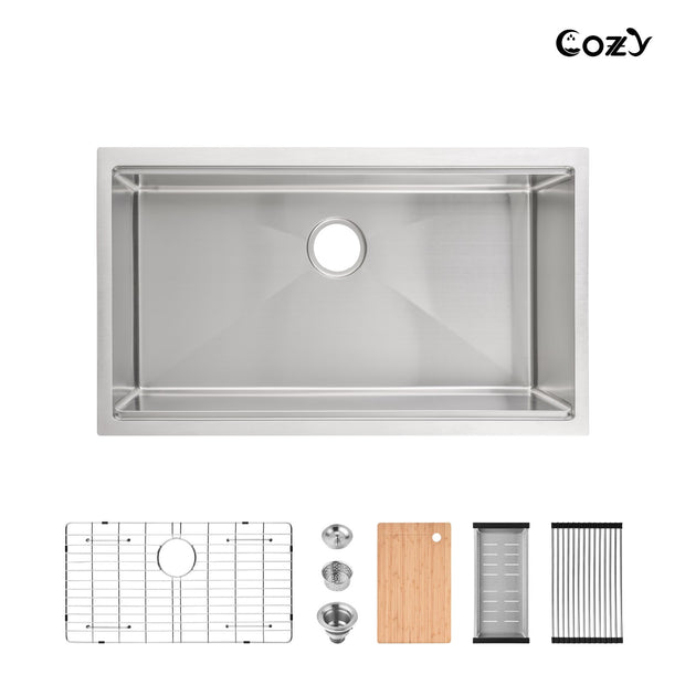 Cozy undermount stainless steel Brush Nickel sink 33x19x8 inch with accessory