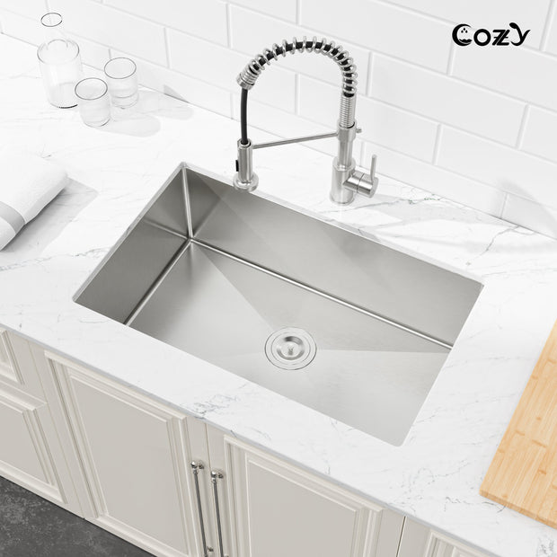 COZY Stainless Steel Kitchen Sink, 30" undermount Single Bowl in Brushed Nickel