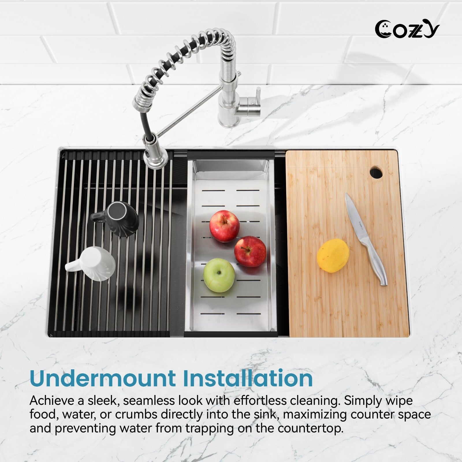 Cozy undermount stainless steel black sink 33x19x8 inch with accessory