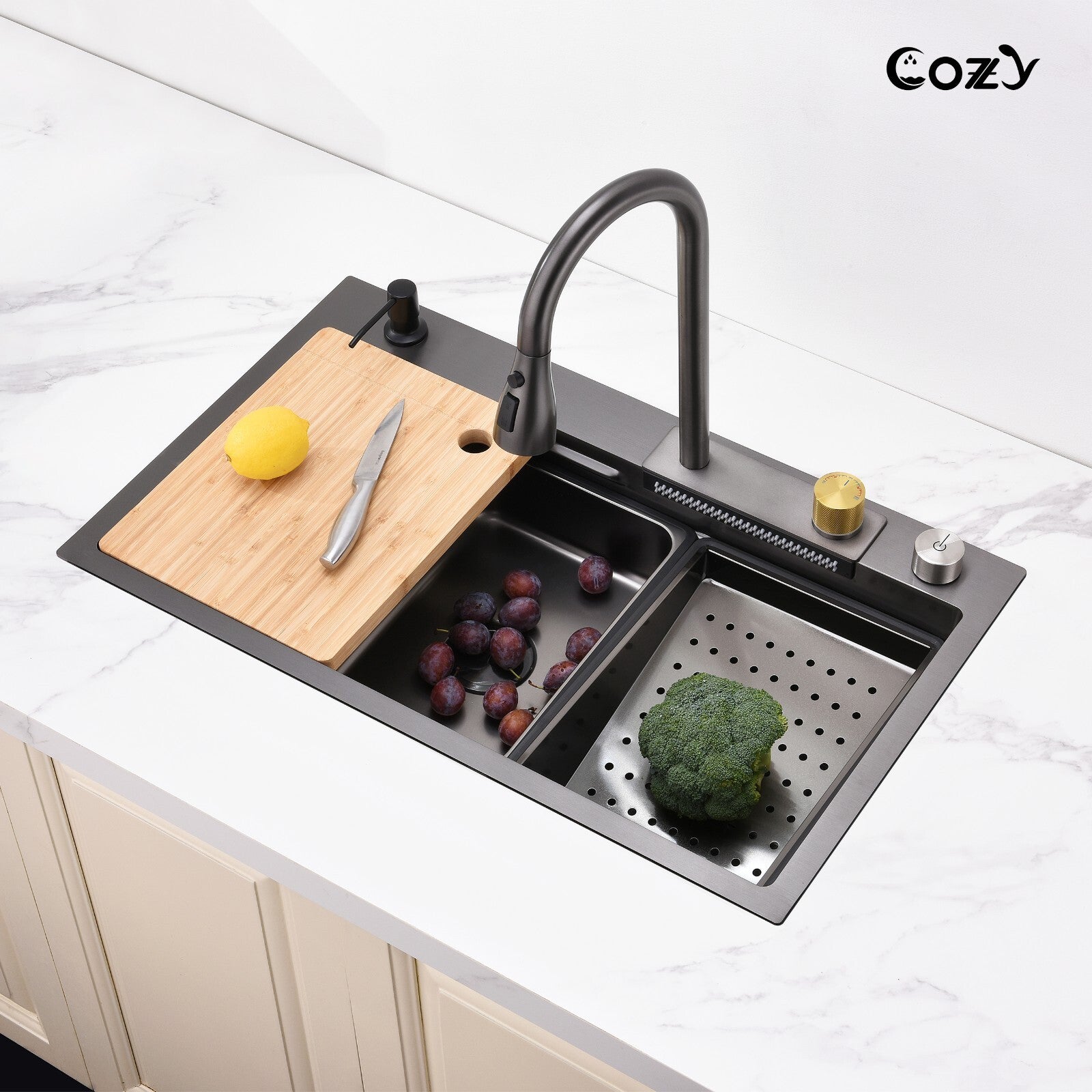 30x22 Cozy Multifunctional Drop-in Sink Pull-down&Waterfall Faucet&Cutting Board