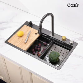 30x22 Cozy Multifunctional Drop-in Sink Pull-down&Waterfall Faucet&Cutting Board