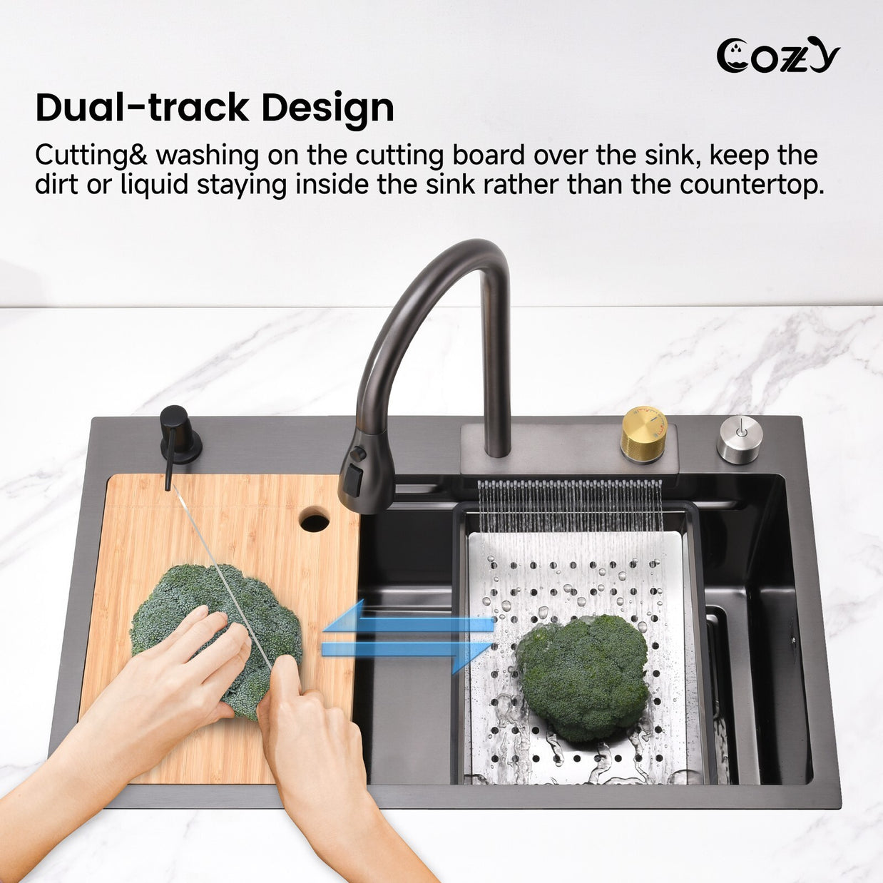 30x22 Cozy Multifunctional Drop-in Sink Pull-down&Waterfall Faucet&Cutting Board