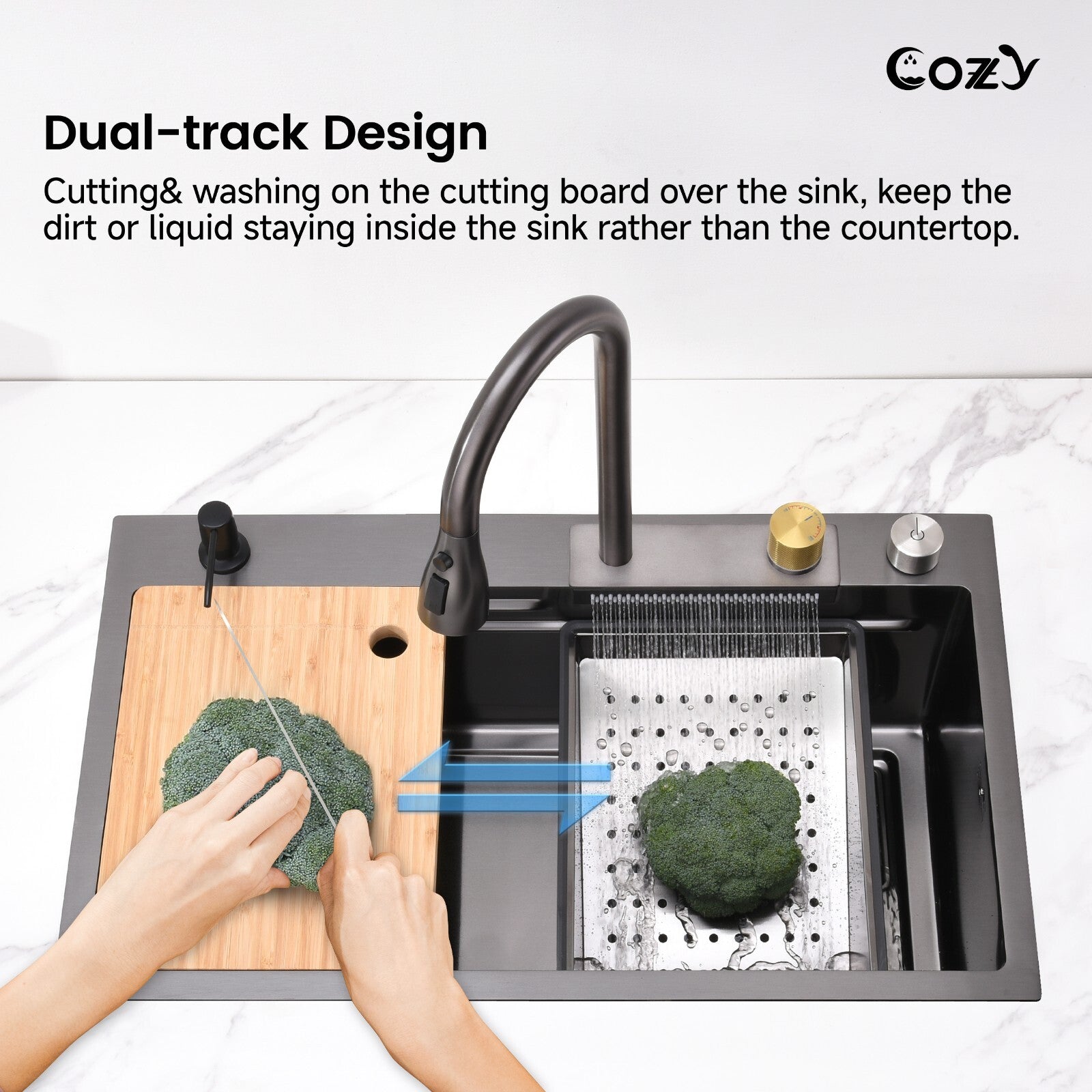 30x22 Cozy Multifunctional Drop-in Sink Pull-down&Waterfall Faucet&Cutting Board