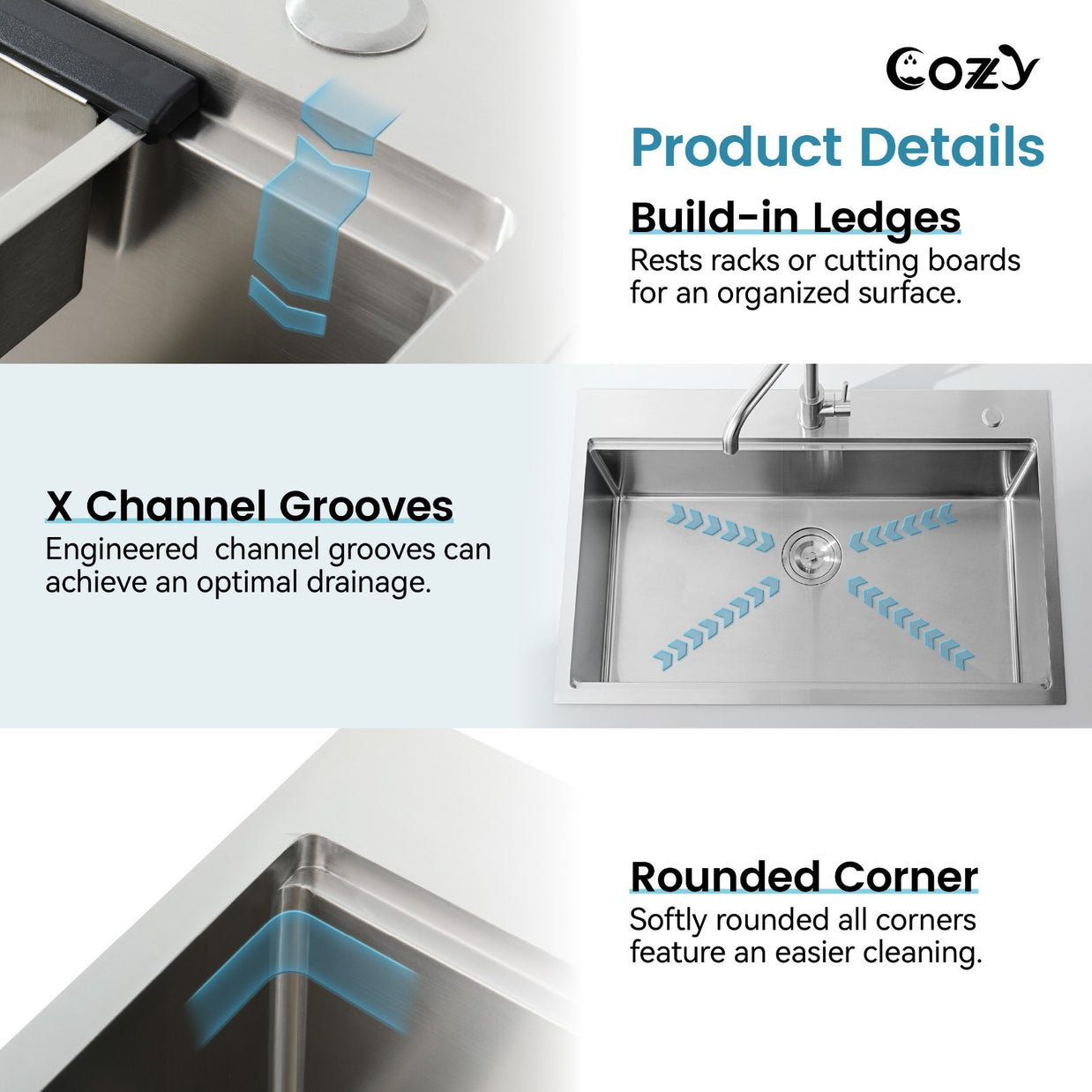 Cozy n Bath 36x22 inch overmount kitchen sink with accessors and drain