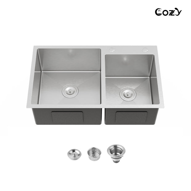 COZY Stainless Steel Kitchen Sink, 32" Double Bowl Brush Nickel Overmount