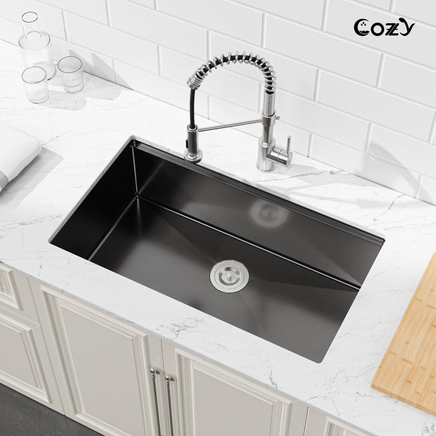 Cozy undermount stainless steel black sink 33x19x10 inch with accessory