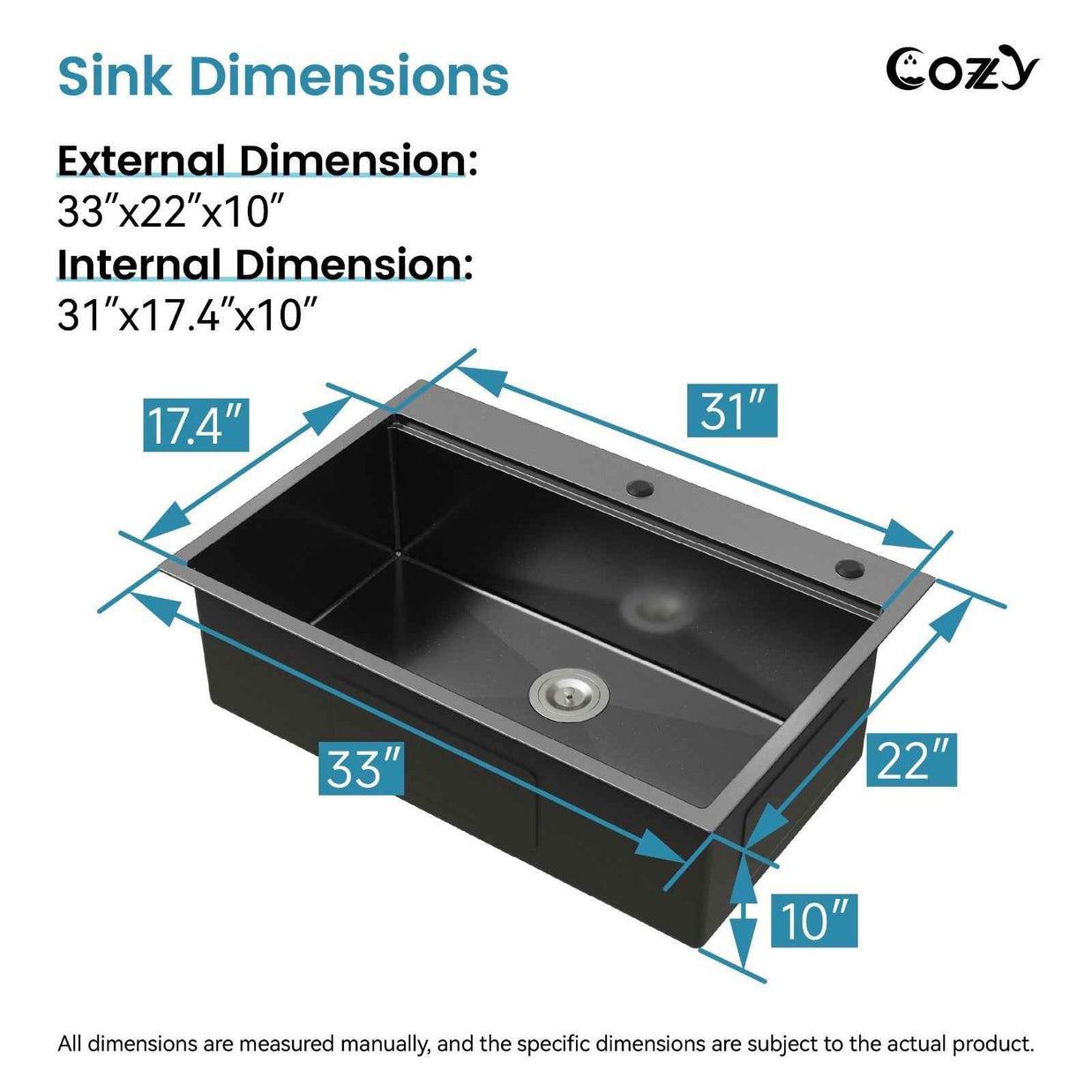Cozy n Bath 33x22 inch overmount kitchen sink with accessors and drain,SS-BL01D-332208-2-WG