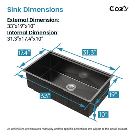 Cozy undermount stainless steel black sink 33x19x8 inch with accessory