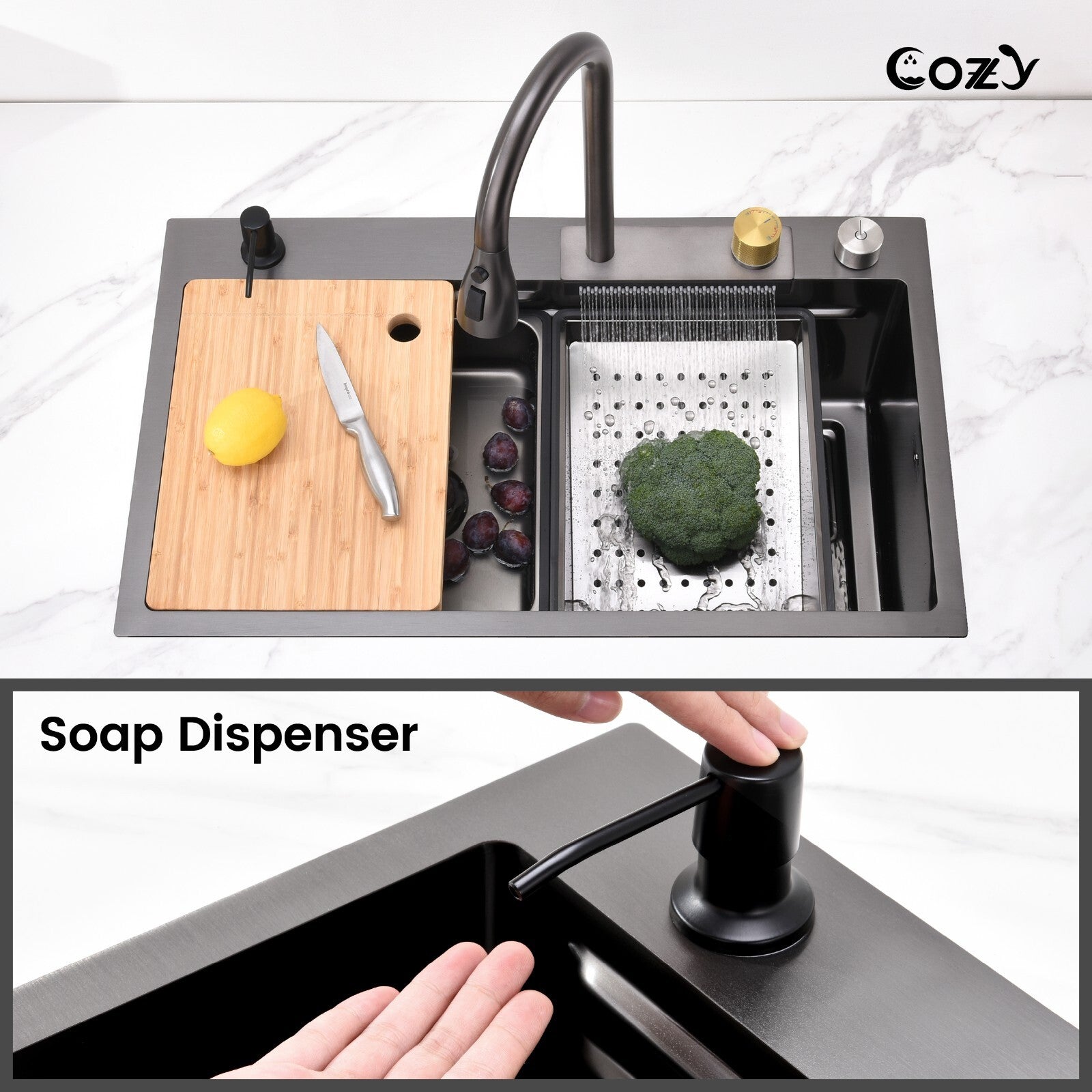 Multifunctional Overmount Sink with Pull-down&Waterfall Faucet&Cutting Board