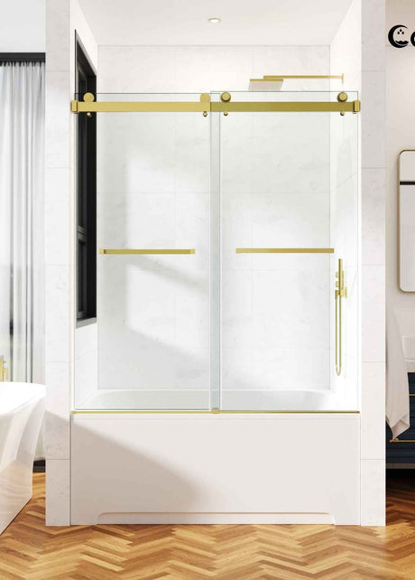 50-55" W X 60" H Frameless Double Sliding Tub Door with 3/8" (10mm) Clear Tempered Glass, Shatter-Resistant Film & Installation Hole Locator TP-GD09-BG-5460