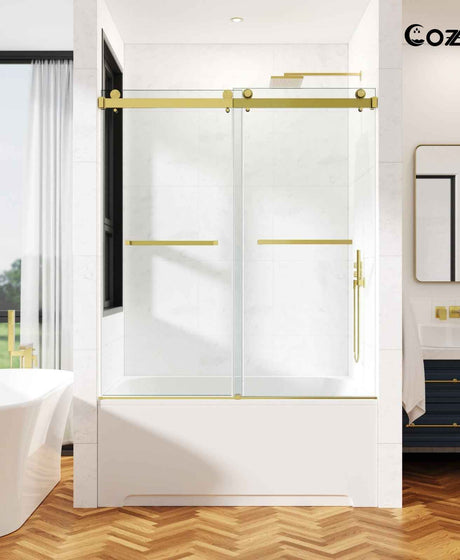 50-55" W X 60" H Frameless Double Sliding Tub Door with 3/8" (10mm) Clear Tempered Glass, Shatter-Resistant Film & Installation Hole Locator TP-GD09-BG-5460