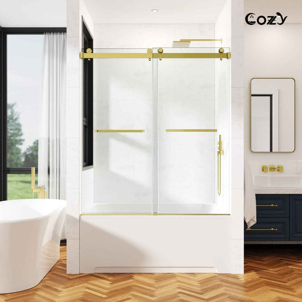 50-55" W X 60" H Frameless Double Sliding Tub Door with 3/8" (10mm) Clear Tempered Glass, Shatter-Resistant Film & Installation Hole Locator TP-GD09-BG-5460