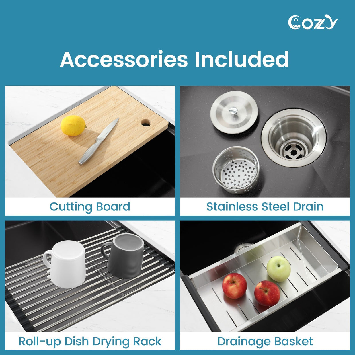 Cozy undermount stainless steel black sink 33x19x8 inch with accessory