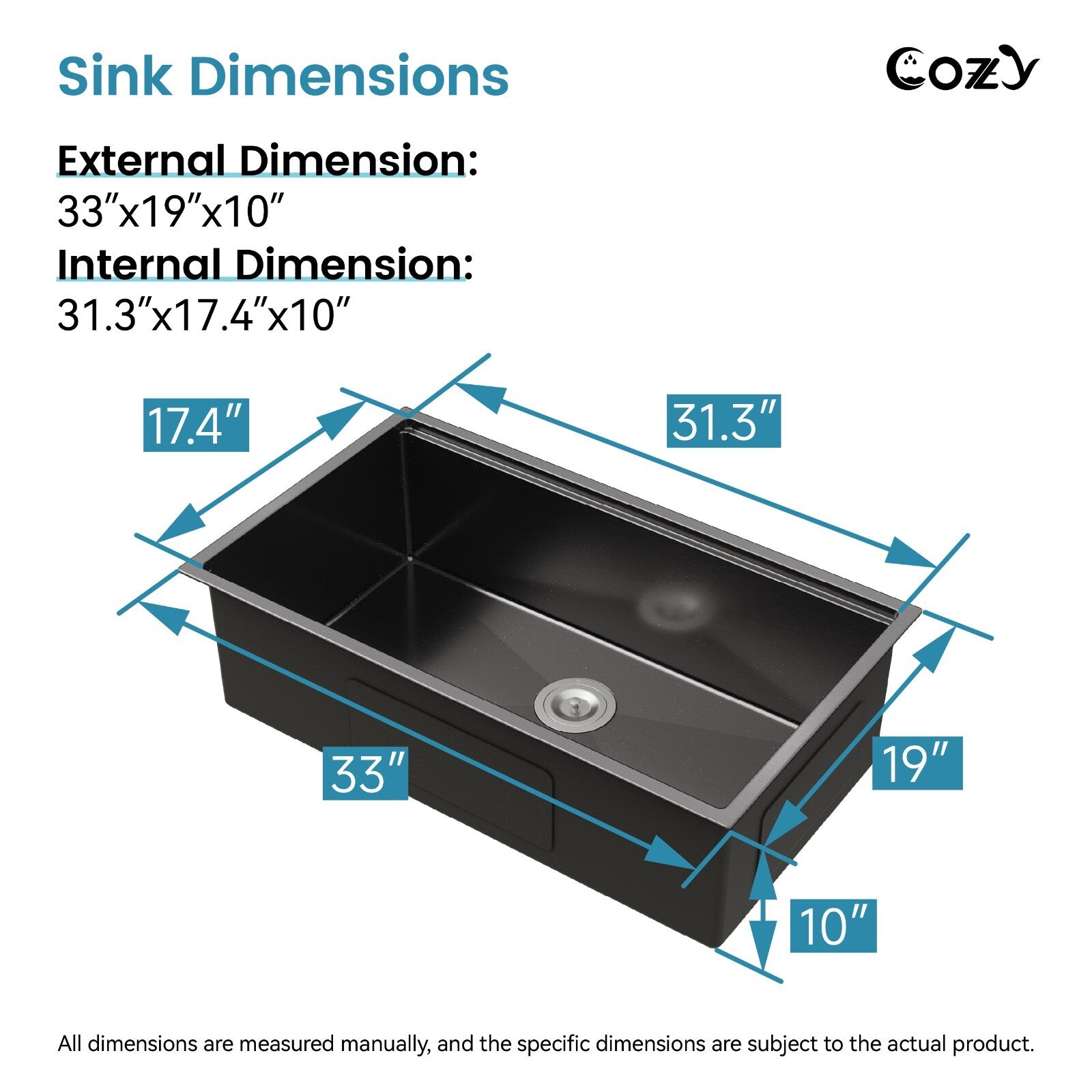 Cozy undermount stainless steel black sink 33x19x10 inch with accessory