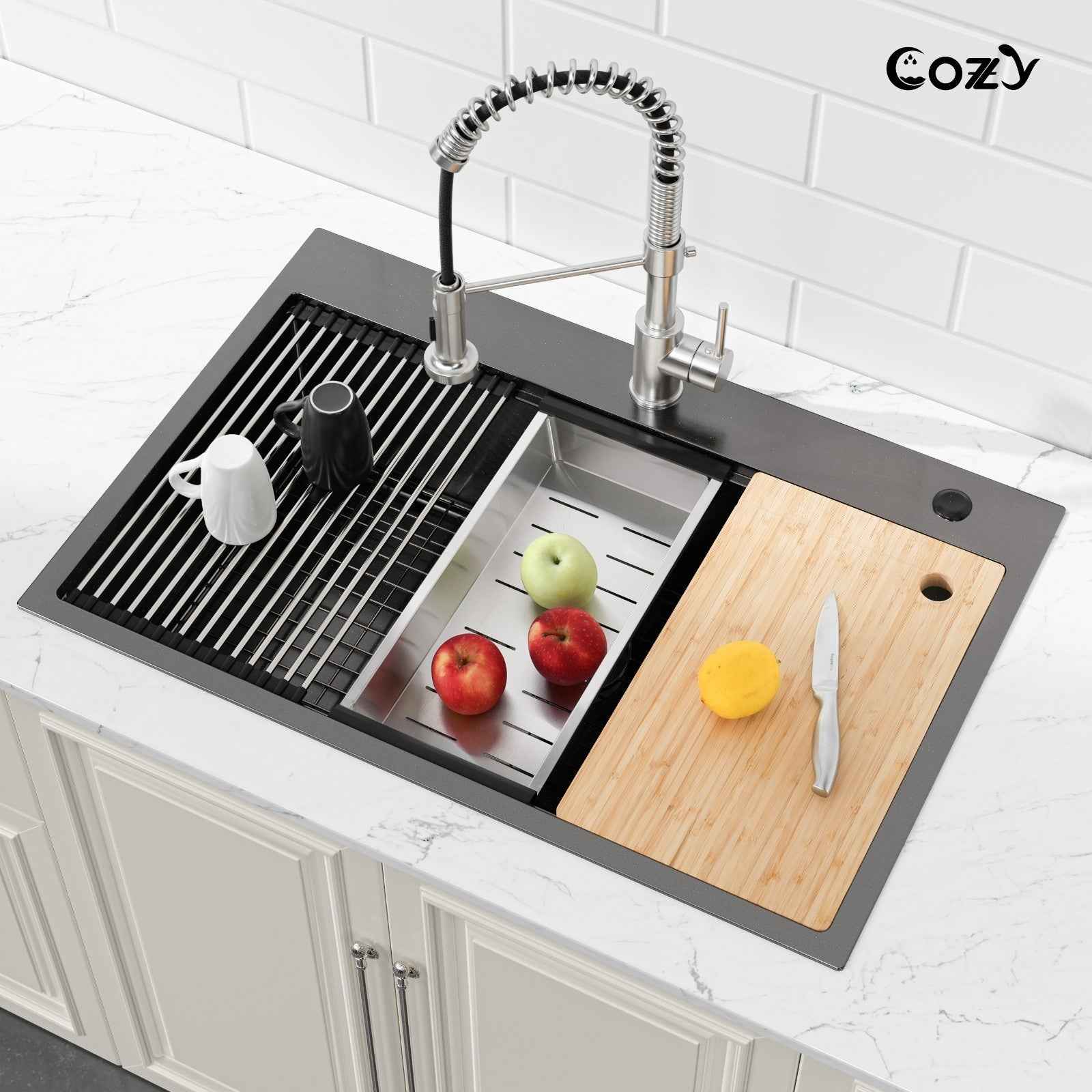 Cozy n Bath 33x22 inch overmount kitchen sink with accessors and drain,SS-BL01D-332208-2-WG