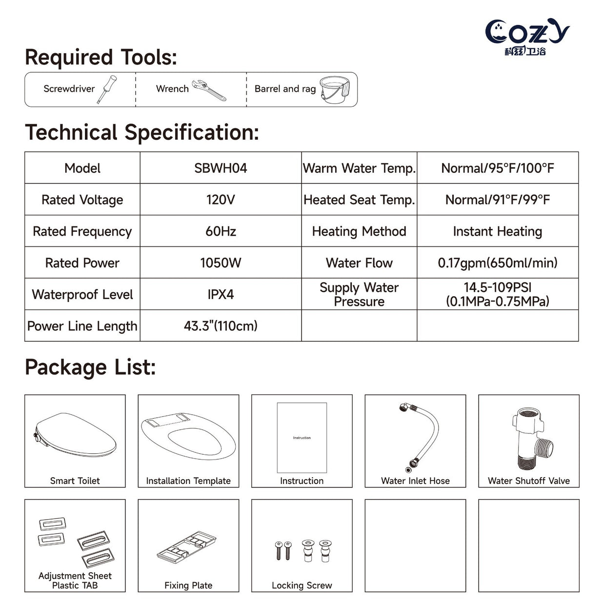 COZY Smart Bidet, Built-In Occupancy Sensor SBWHO4