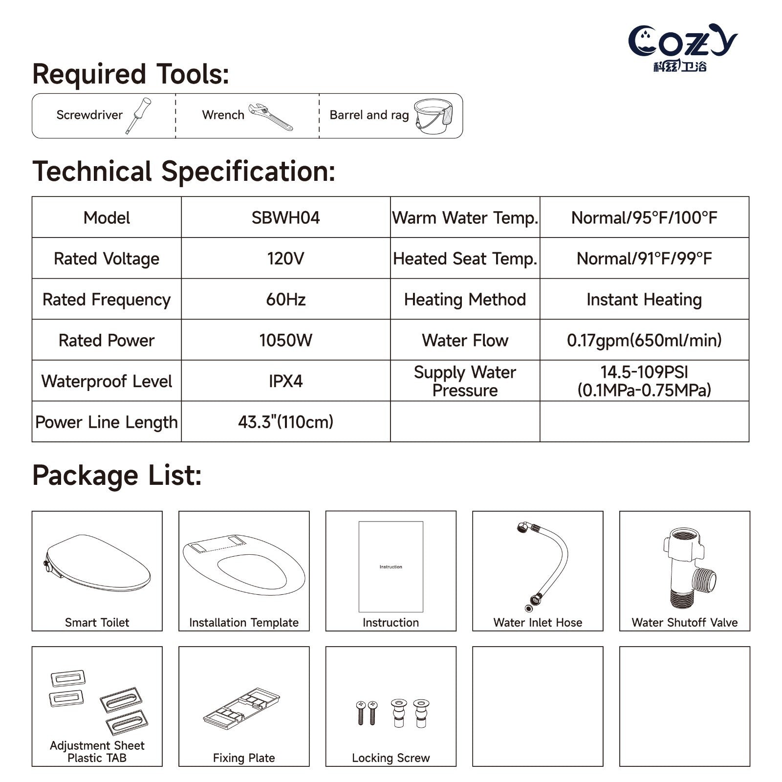 COZY Smart Bidet, Built-In Occupancy Sensor SBWHO4