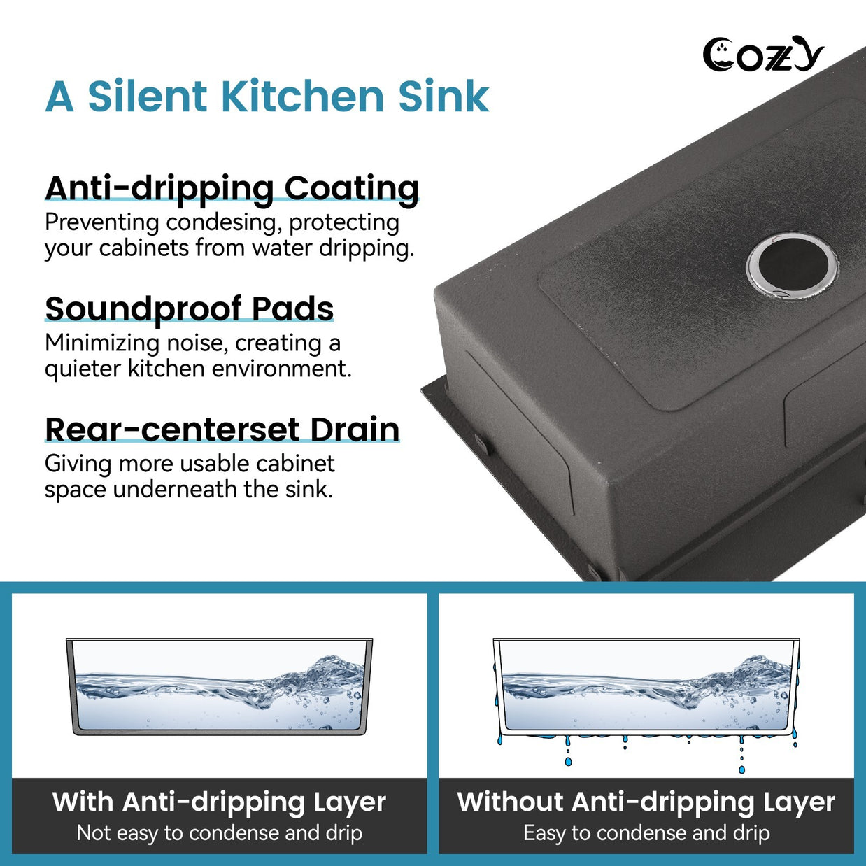 Cozy undermount stainless steel black sink 33x19x10 inch with accessory