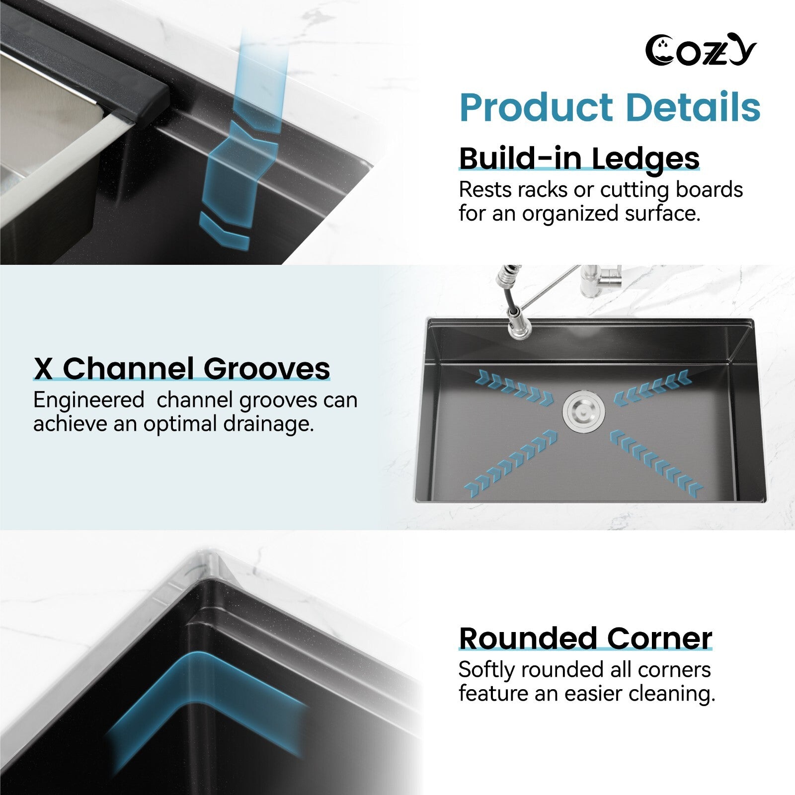 Cozy undermount stainless steel black sink 33x19x8 inch with accessory